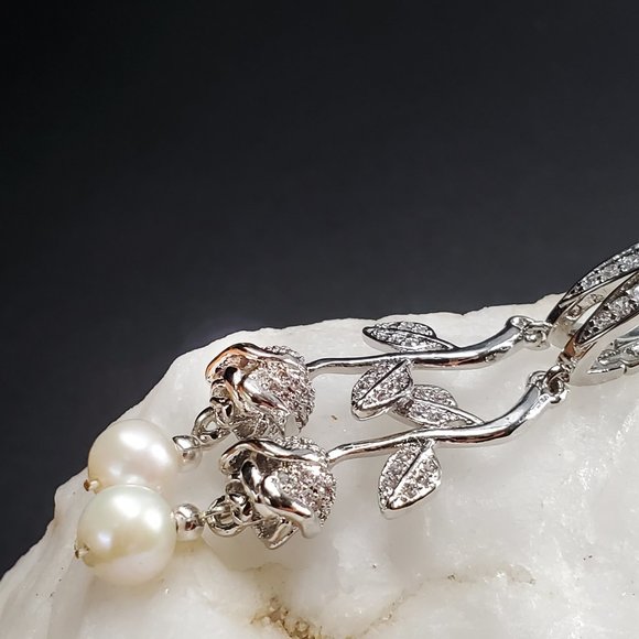 Platinum-plated Earrings White Topaz Natiral Pearl Floral Vintage Rose - Picture 6 of 7